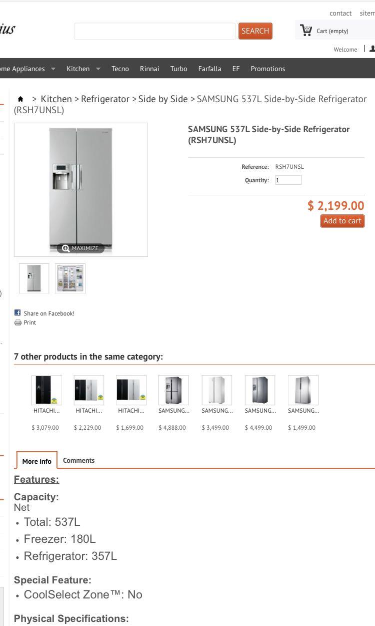 Samsung Side by Side Fridge RSH7UNSL, TV & Home Appliances, Kitchen