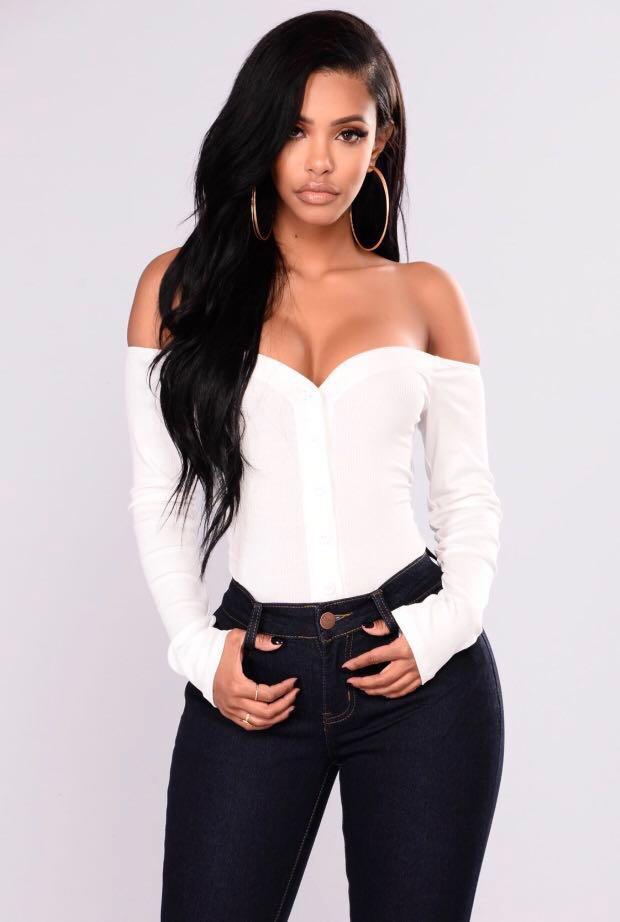 White long sleeve off the shoulder bodysuit clearance