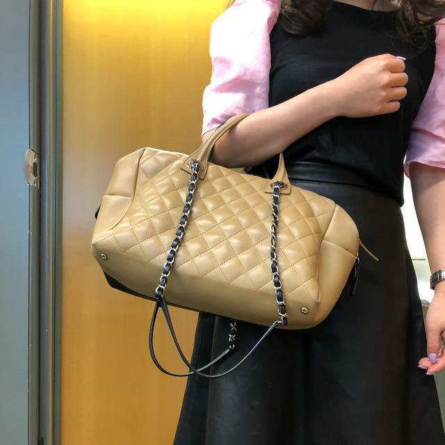 Chanel Black Leather Bowling Bag Luxury Ligne Double Chain Link Purse Bag -  Einna Sirrod