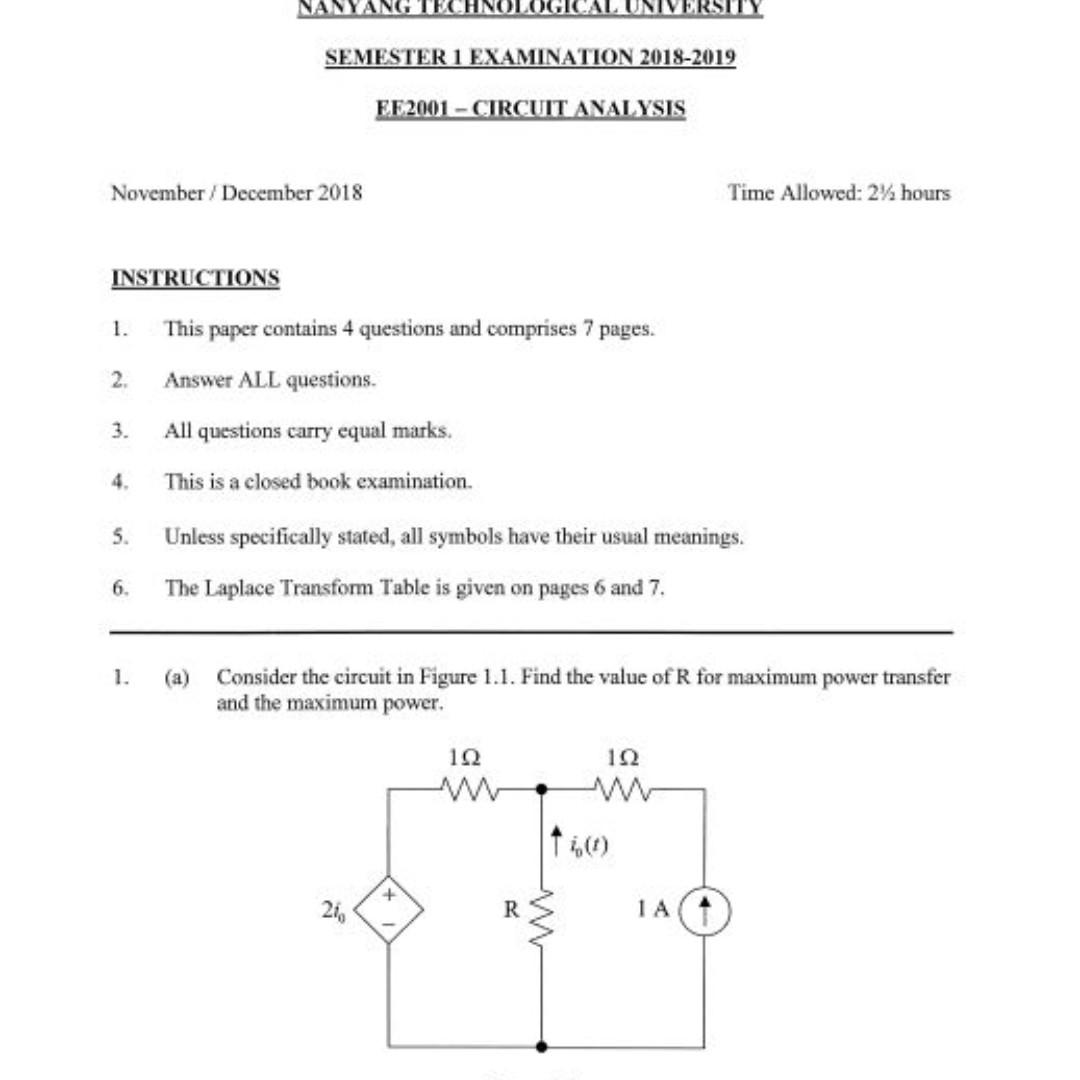 EE2001 Circuit Analysis NTU EEE Notes, Past Year Paper Solution ...
