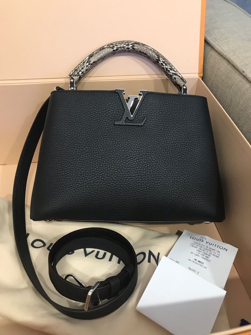 Louis Vuitton Medium Pink Python Capucines Silver Hardware. DC: MI1109.  Made in France. With long strap, care card, dustbag, box, paperbag 