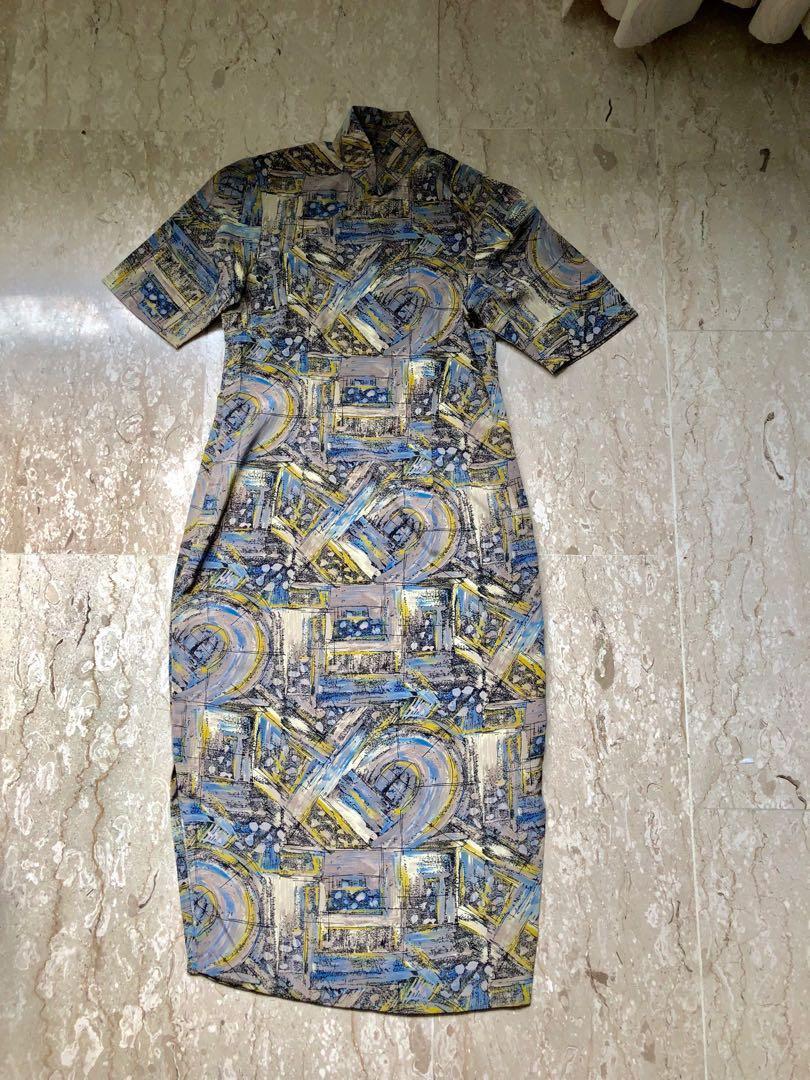 Vintage 1980s Does 40s Print Cheongsam Qipao Dress Mint Sketch Vintage 1980s Does 40s Print Cheongsam Qipao Dress Mint Sketch