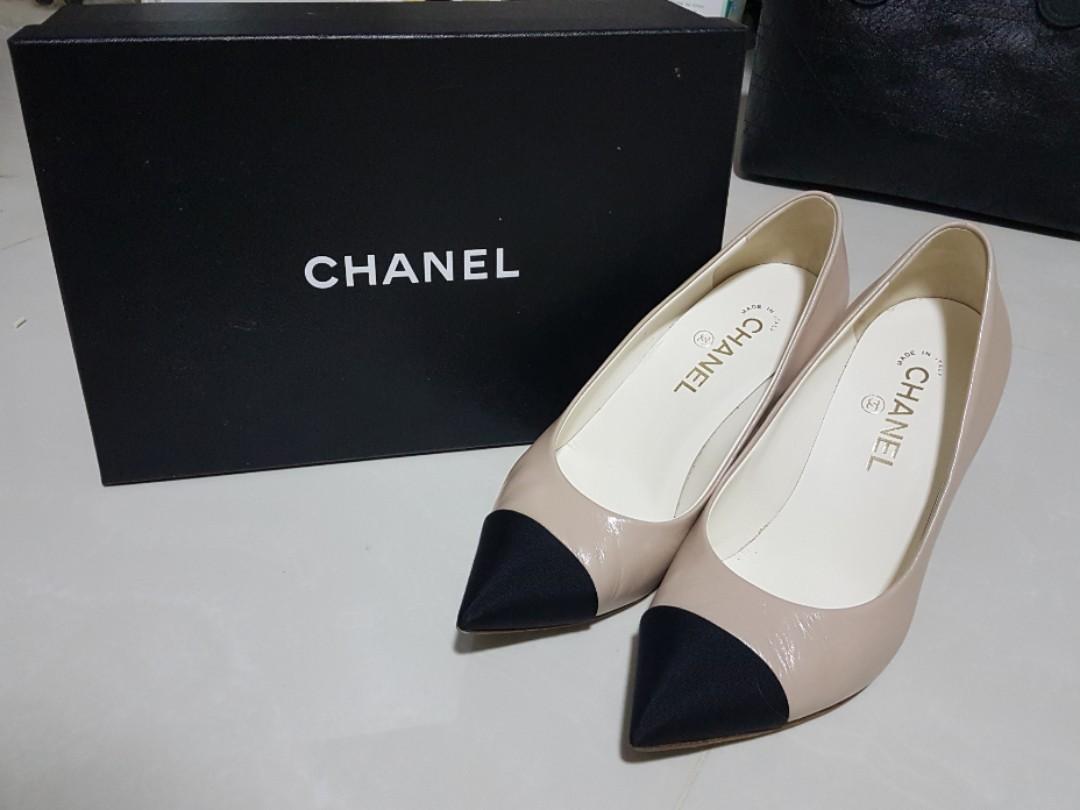 13K CHANEL BLACK LEATHER CC LOGO CAPTOE WITH PEARLS HEELS PUMPS SHOES  375  eBay