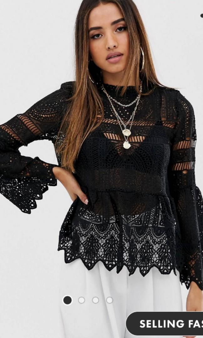 Boohoo crochet lace store peplum bell sleeve top