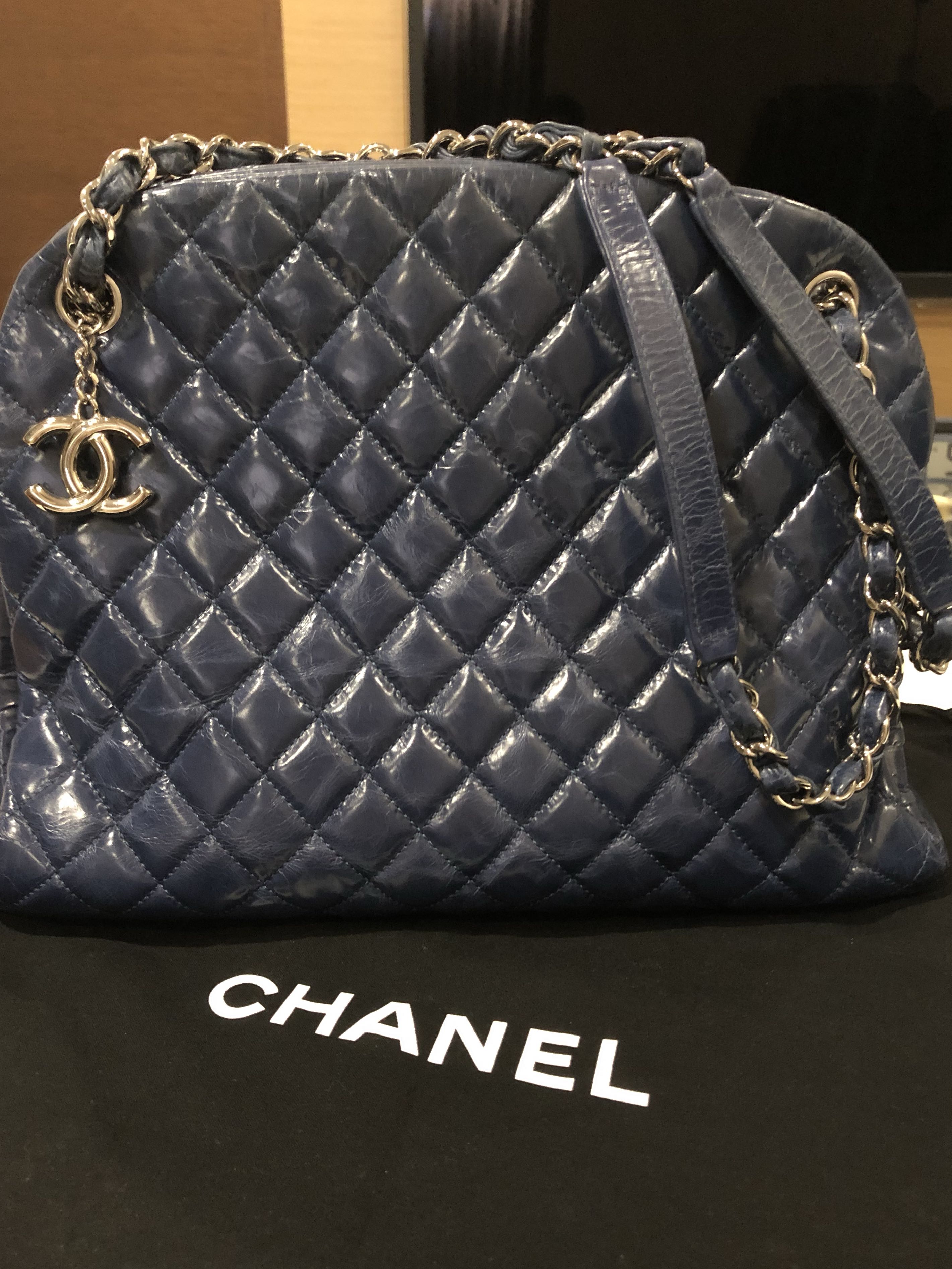 Chanel Mademoiselle Caviar Quilted Large Bowling Shoulder Bag Blue