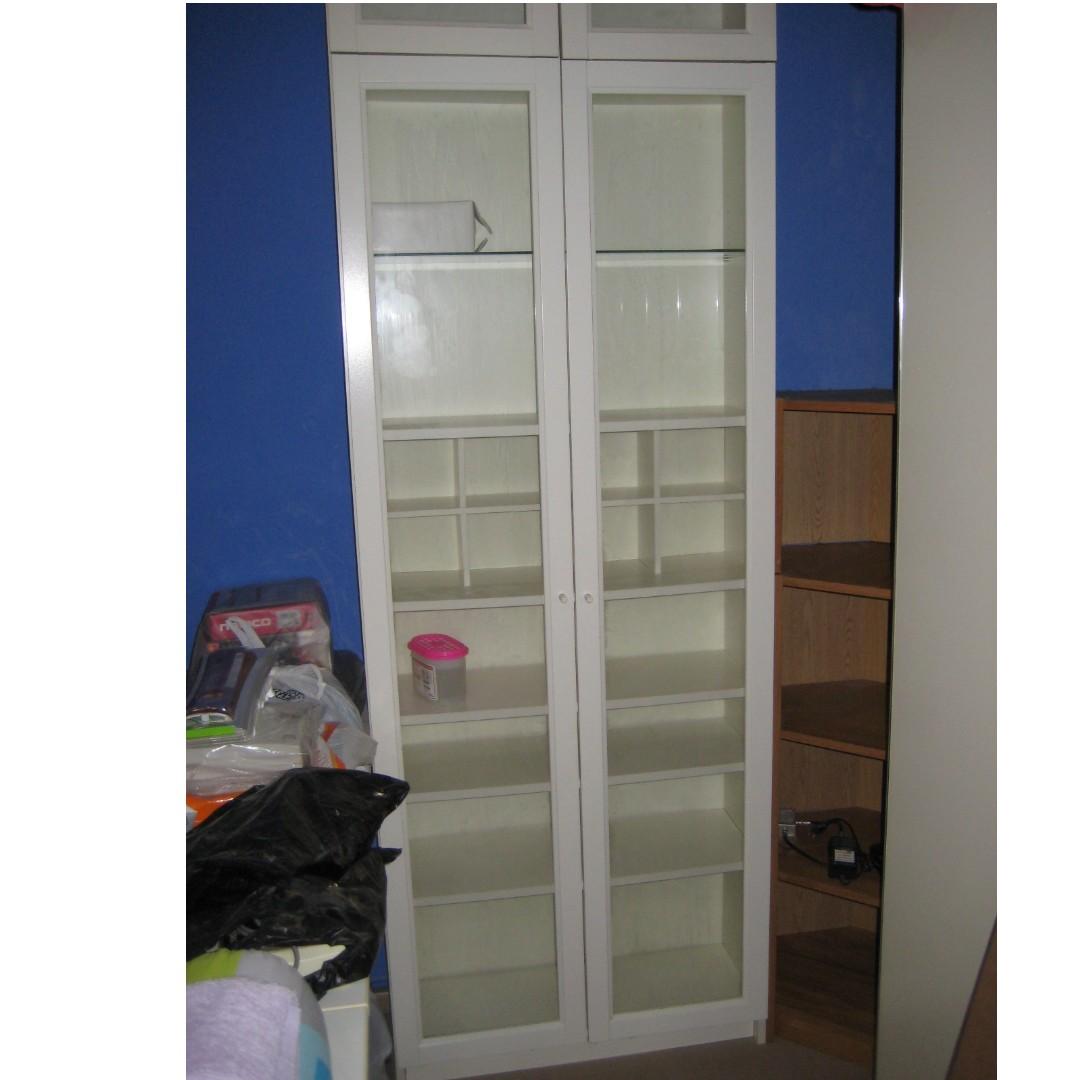 IKEA BILLY bookcase extension unit white w/ glass doors, Furniture