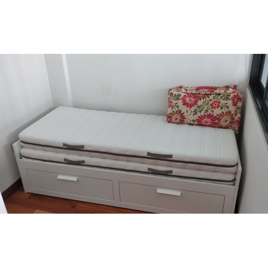 IKEA BRIMNES extendable bed with mattress and 2 drawers, Furniture