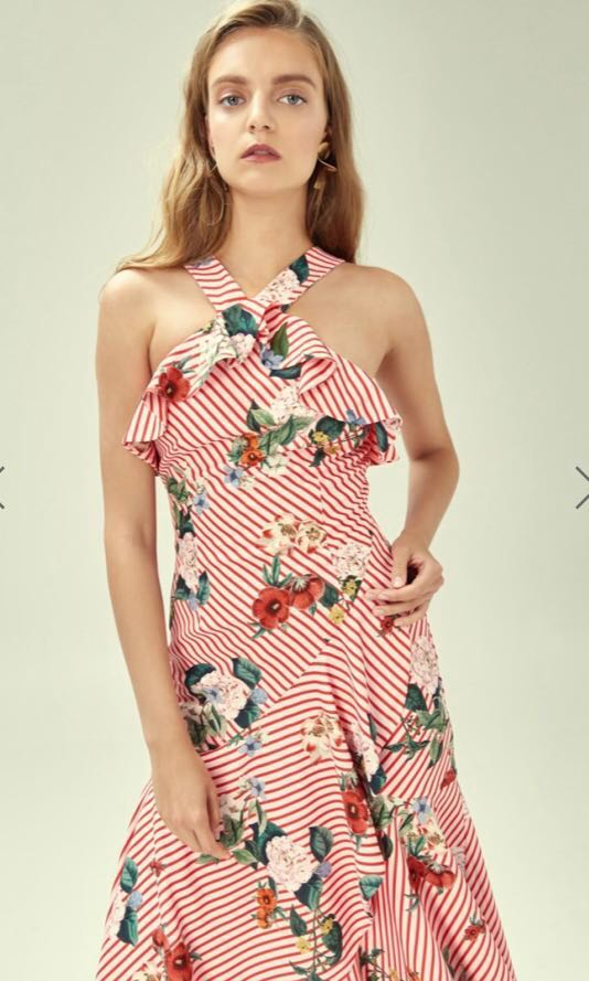 open lace back dress Red Floral Maxi Dress With Crochet Top