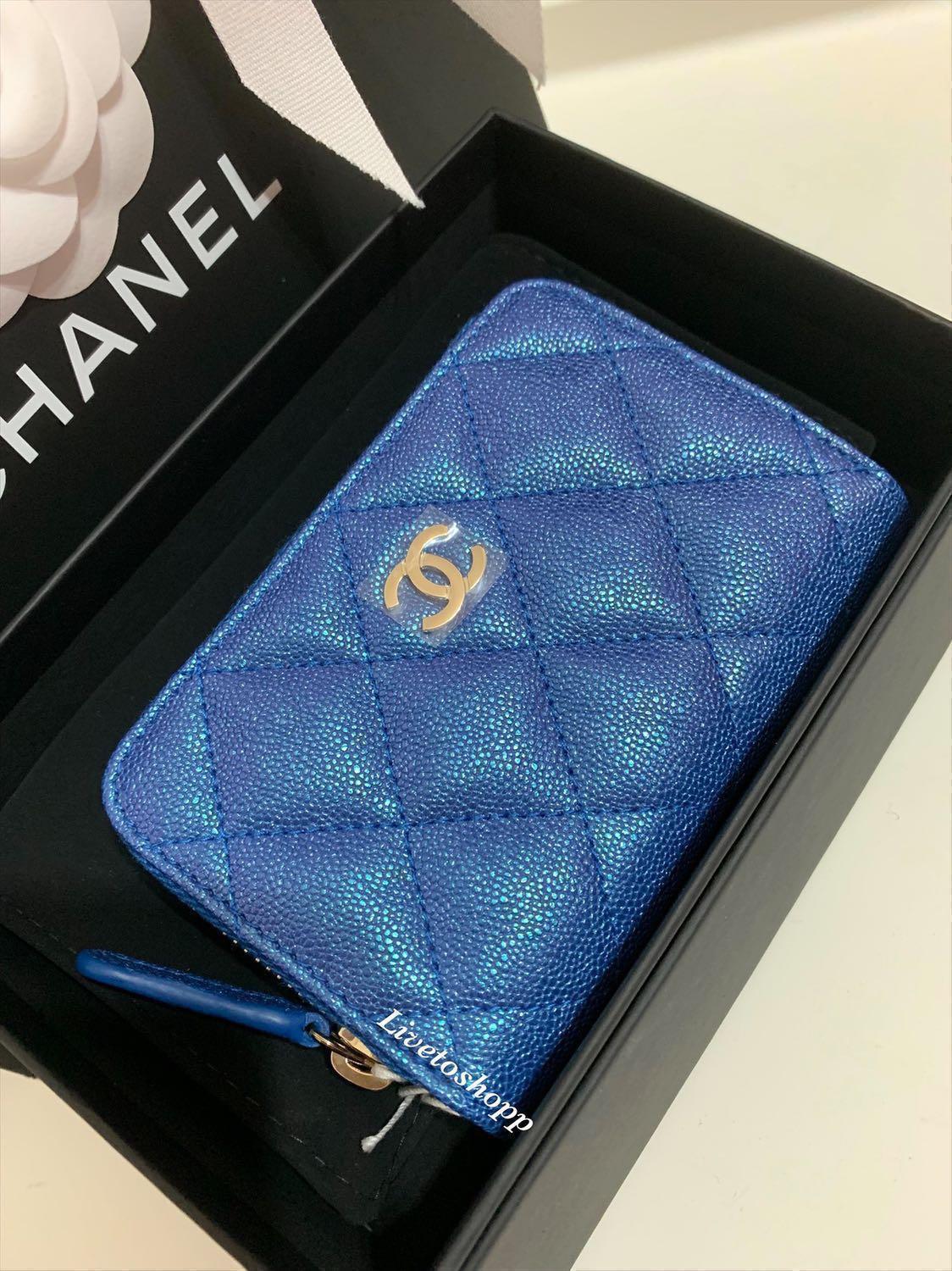 Chanel® quilted zippy coin purse in iridescent blue - www