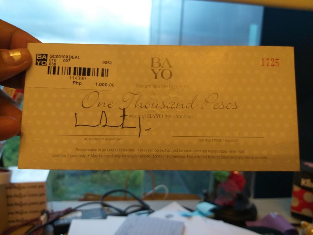 BA YO Gift Card (Category: Store Credits) located in Makati City. Submitted by kurtcriation (Listing ID 227887889, Image 2). Description: Selling my BAYO GC worth of 1000. Redeemablenin all BA YO branches. No expiration..