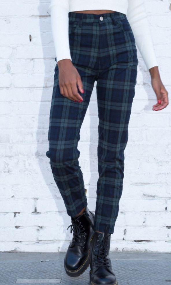 green and navy blue plaid pants