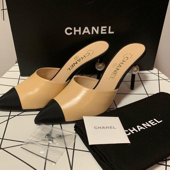 CHANEL runway beige/black leather mules heels with Pearl, Women's Fashion,  Footwear, Heels on Carousell