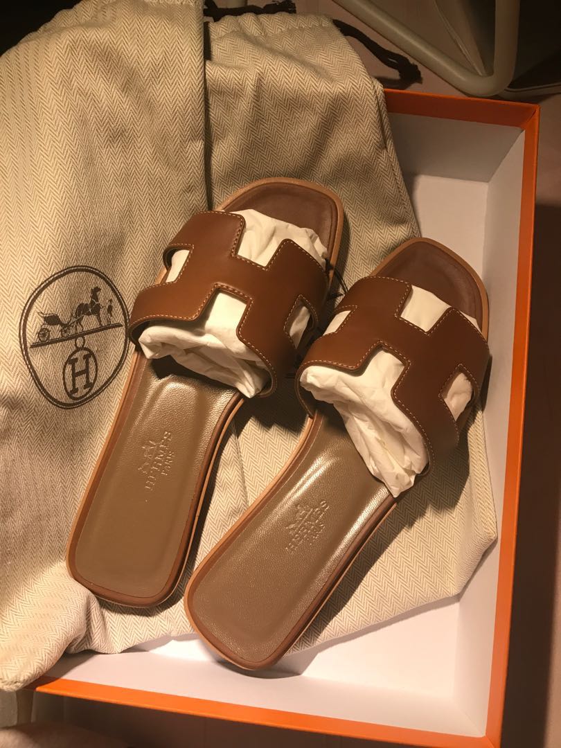 Hermes Oran Gold Sandals 36.5, Women's 