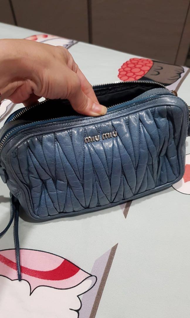 Miu Miu Double Zipper Matelasse Blue Crossbody Sling Bag