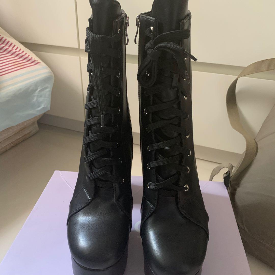 black leather platform boots, Women's 
