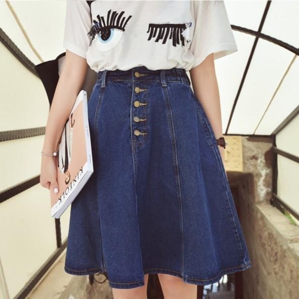 Denim Flare A line Knee Length Midi Skirt High Waisted Women s Fashion Bottoms Skirts on Carousell