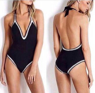 Black with white detail halter one piece swimsuit
