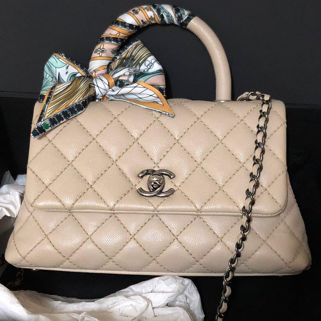 Authentic Chanel Coco Mini Handle Bag in Beige Caviar, Luxury