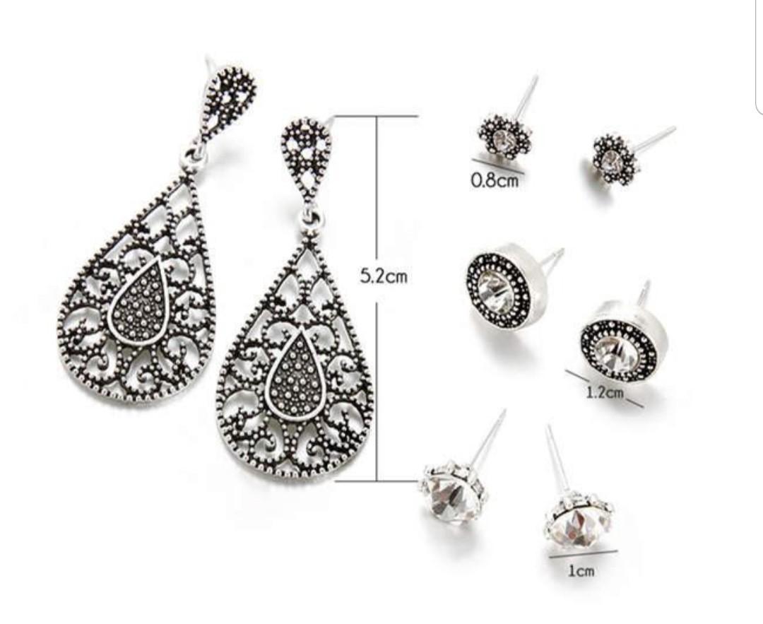 BACK IN STOCK‼ Boho Waterdrop Earrings Set (Category: Rings) located in Caloocan City. Submitted by _stylish.ph (Listing ID 228537399, Image 2). Description: •Brand new and High quality! •Color: Vintage Silver •Specifications: Shiny rhinestone design. Antique silver design earrings. •Material: Alloy, Rhinestone •Features: Dangle Earrings, Shiny Rhinestone, Stud Earrings, Boho •Size: 0.8cm - 5.2cm/0.31" - 2.05" (Approx.) •Package Includes: 4 pairs