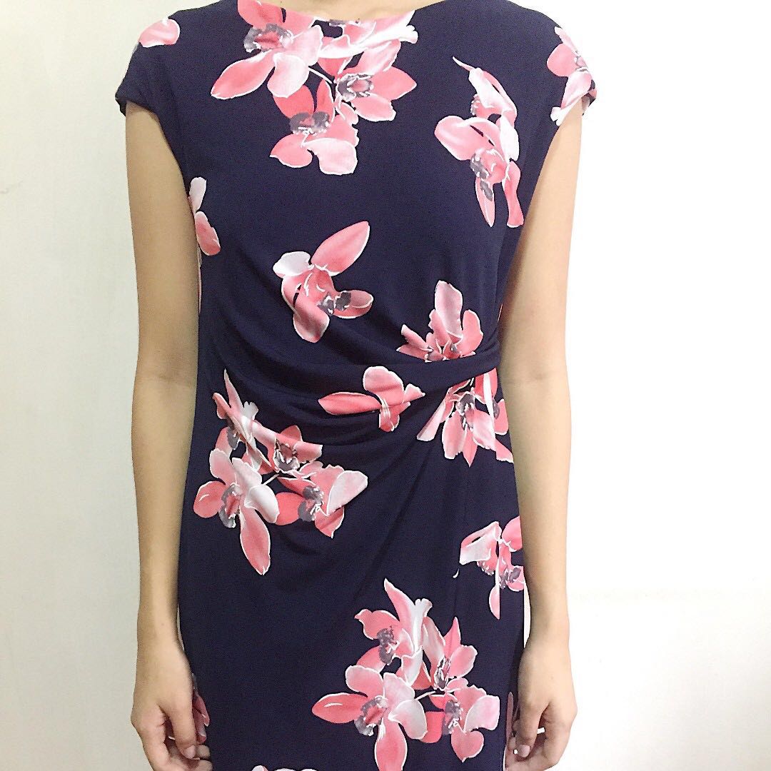 Dark Blue Dress with pink flowers Women s Fashion Dresses Sets