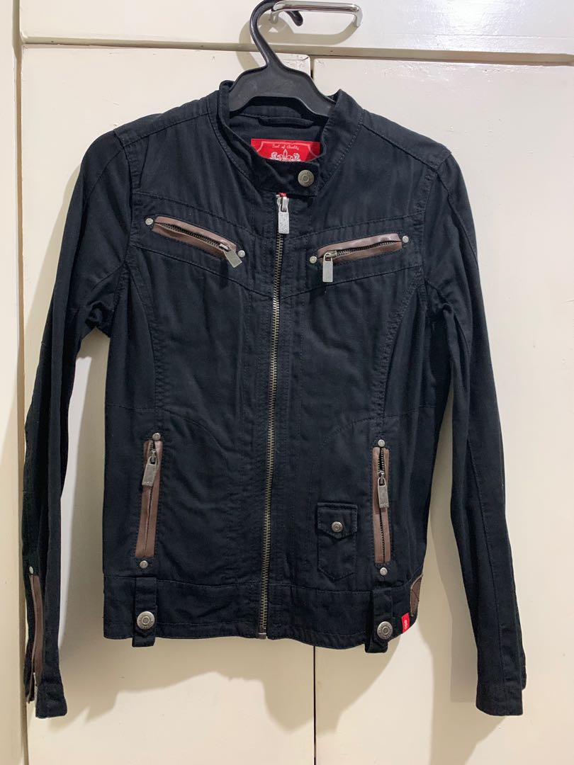 Esprit Women’s Black Biker Jacket with brown leather piping, Women's