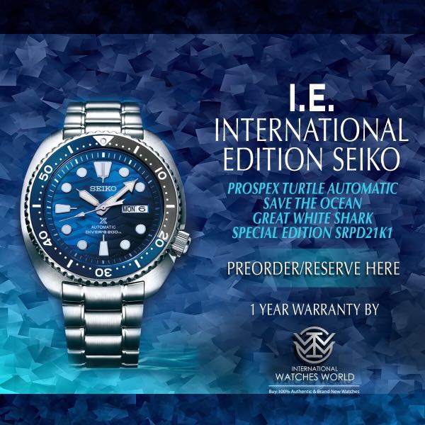 Articulation Grønland dør spejl SEIKO INTERNATIONAL EDITION PROSPEX TURTLE AUTOMATIC SAVE THE OCEAN GREAT WHITE  SHARK SPECIAL EDITION SRPD21K1, Men's Fashion, Watches & Accessories,  Watches on Carousell