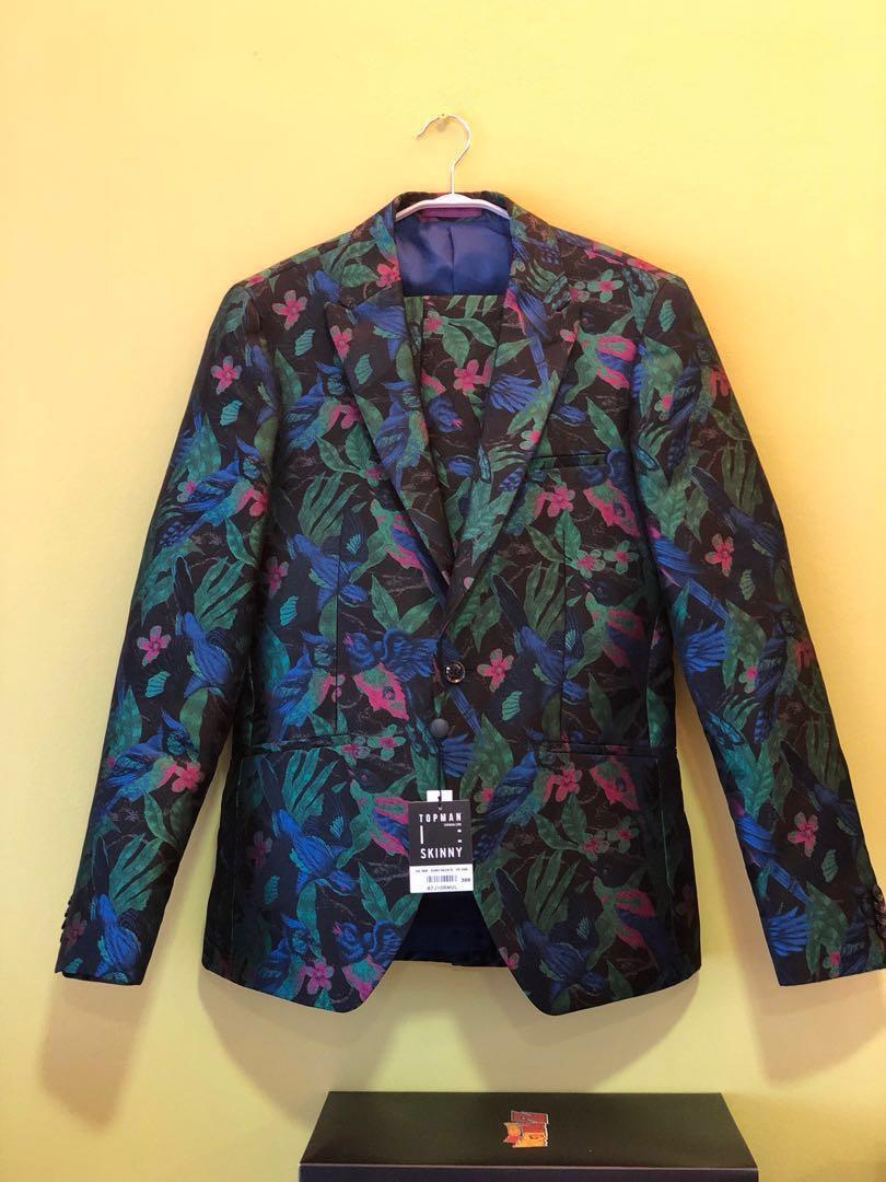 Topman Floral Bird Embroidered Suit Blazer Pants