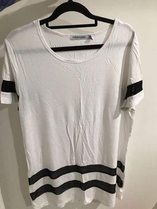 baggy white top with mesh stripes