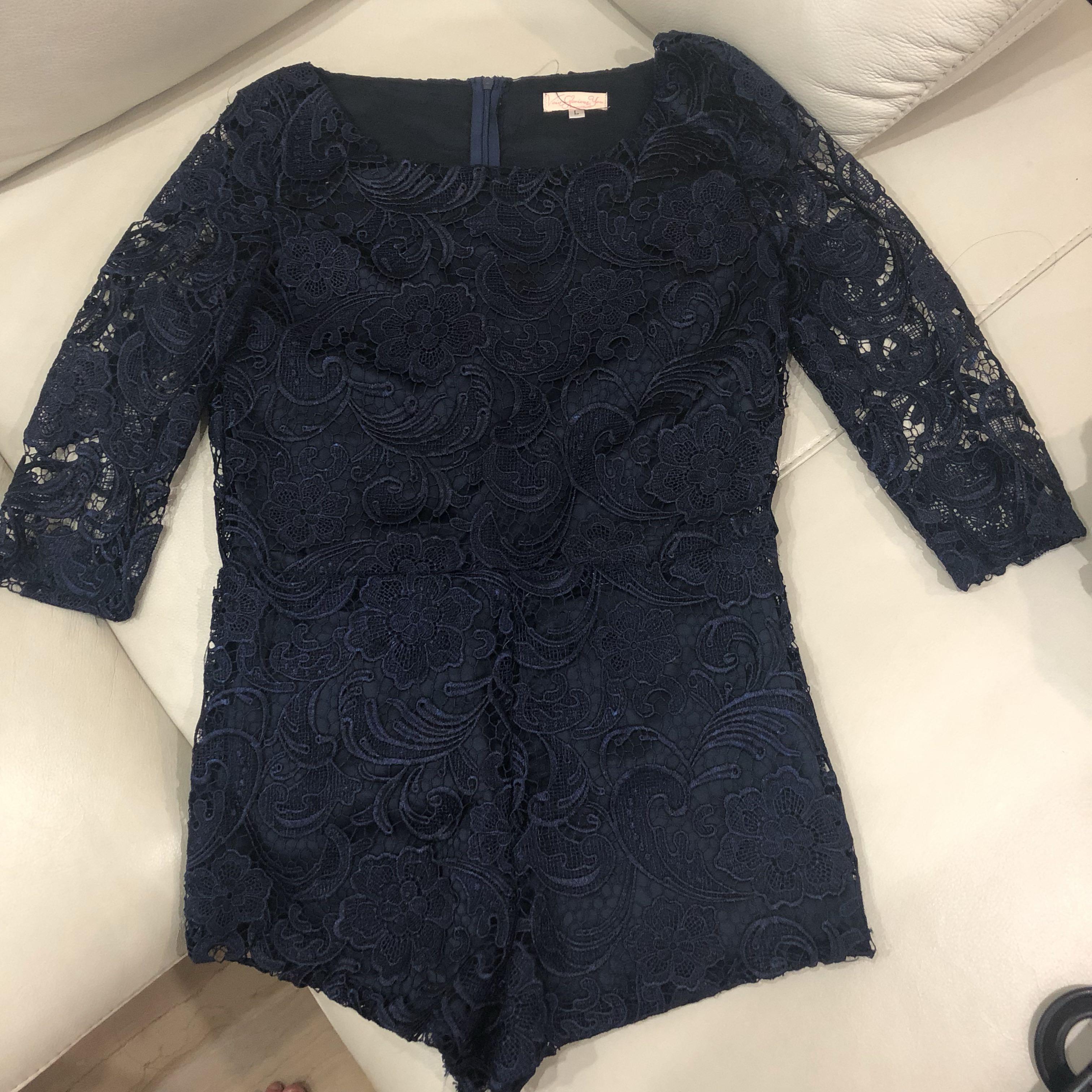 Navy Blue Lace-bodice Romper Or Jumpsuit