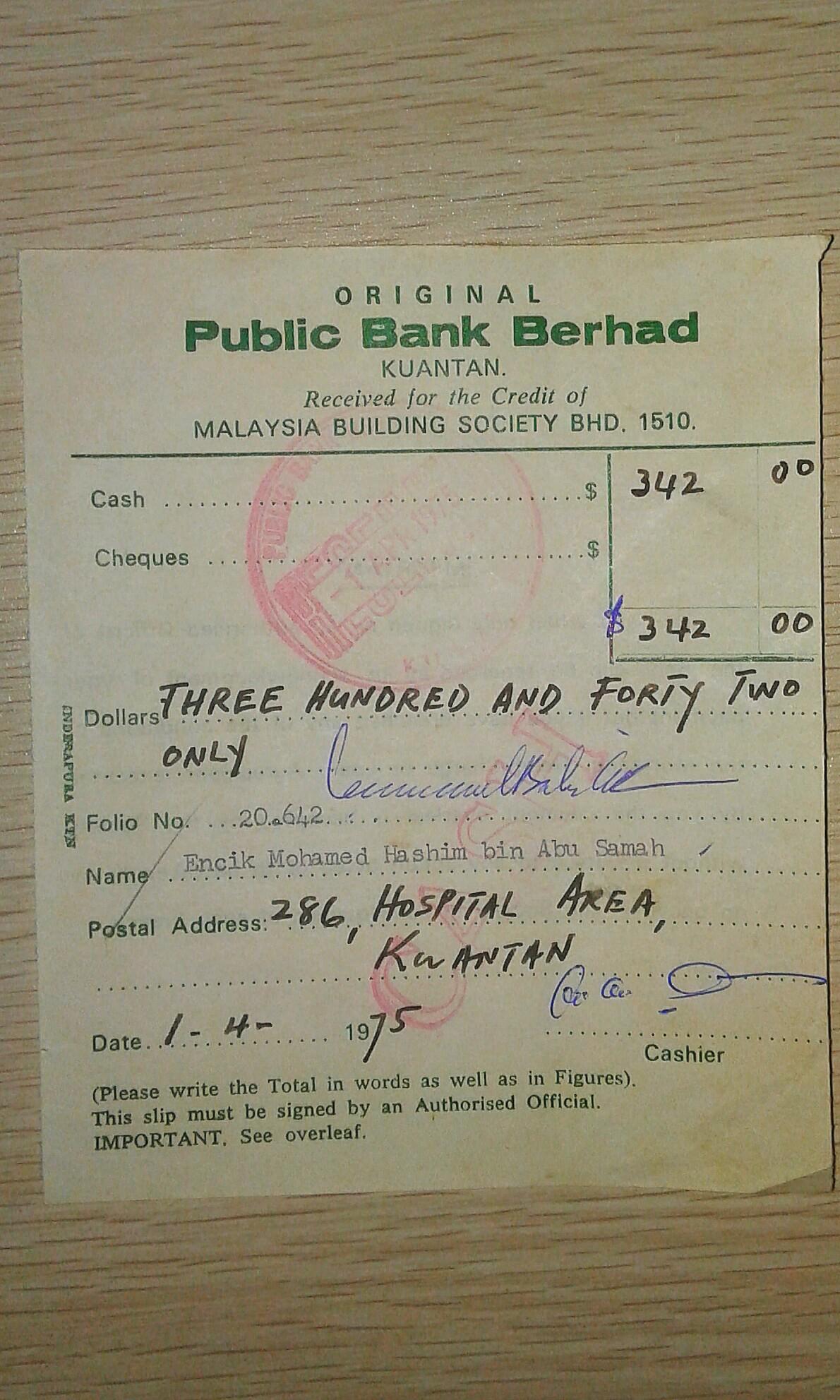 Public Bank Berhad Receipt 1975 Vintage Collectibles Vintage
