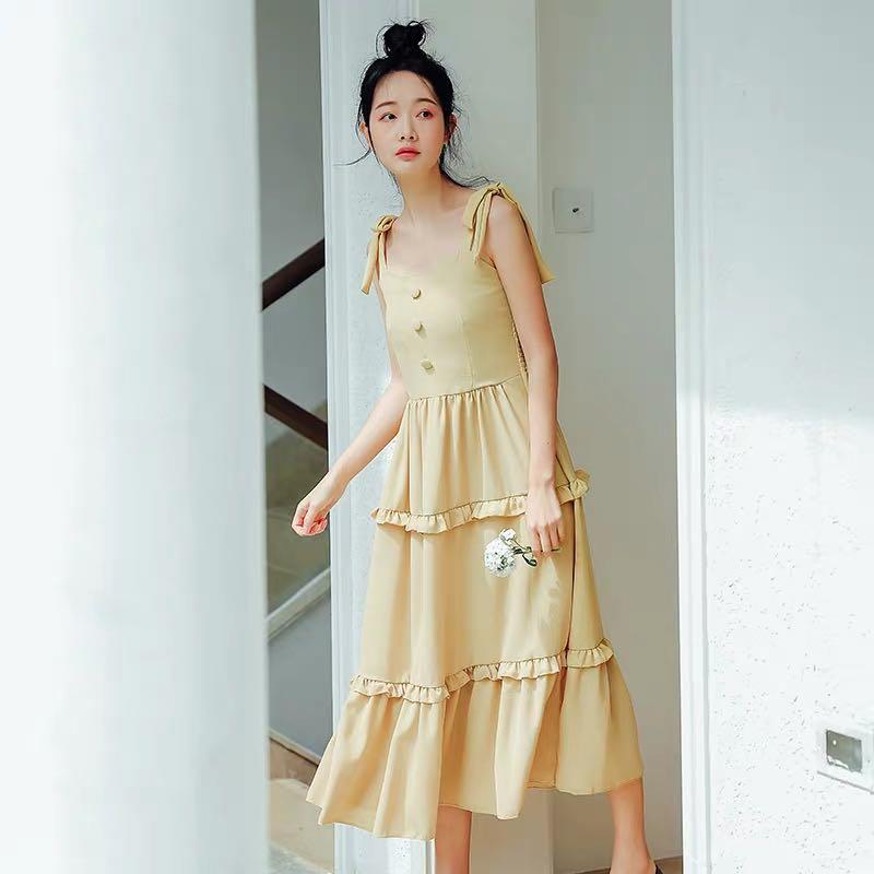 Ribbon Straps Layered Ruffled Hem Korean Style Long Dress Women S