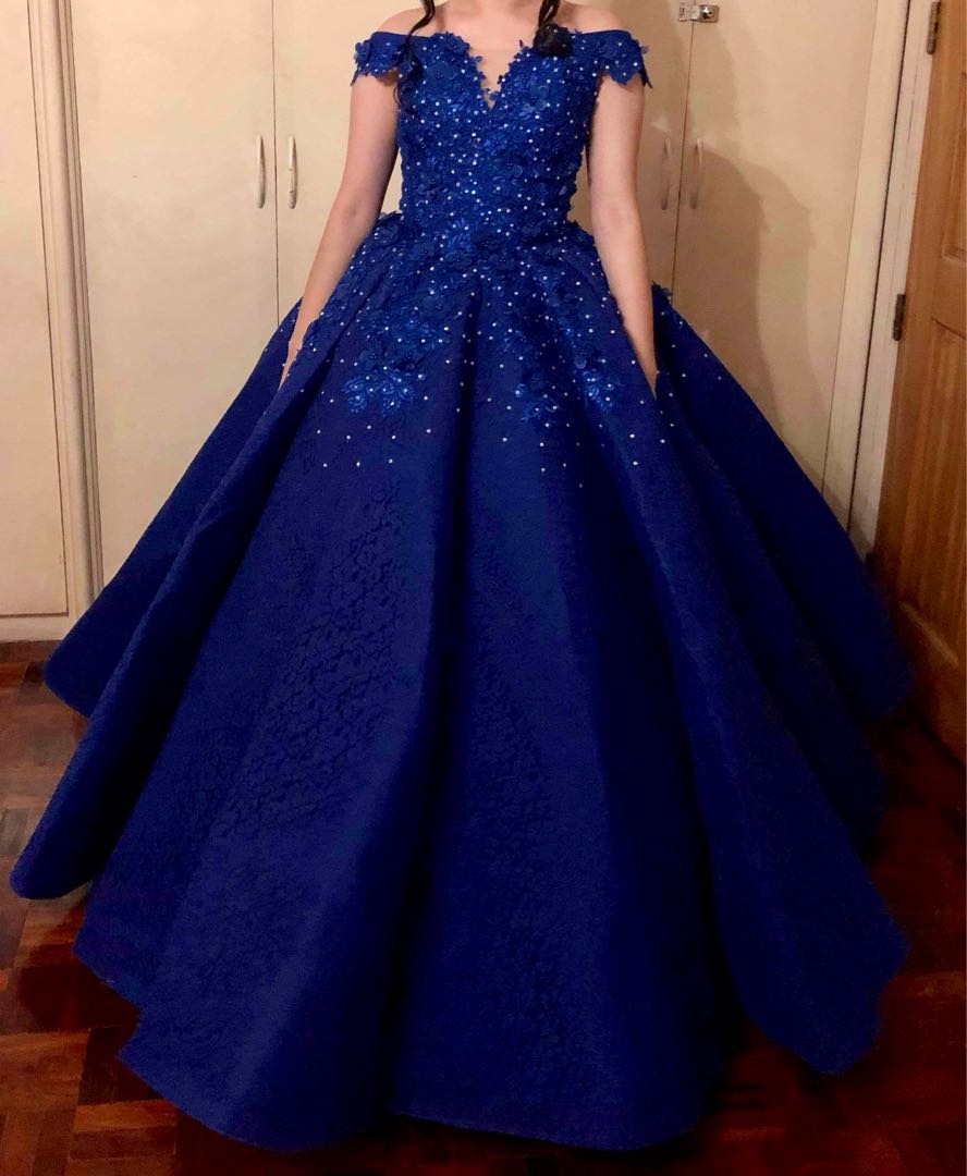 blue off shoulder gown