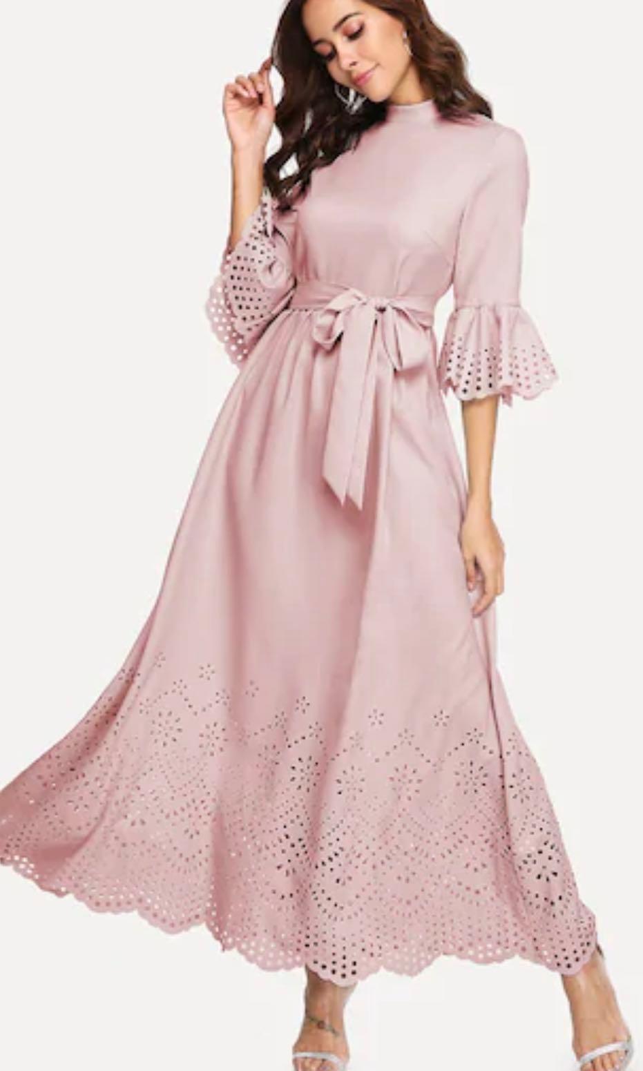 Scalloped Laser Cut Self Belted Maxi Dress