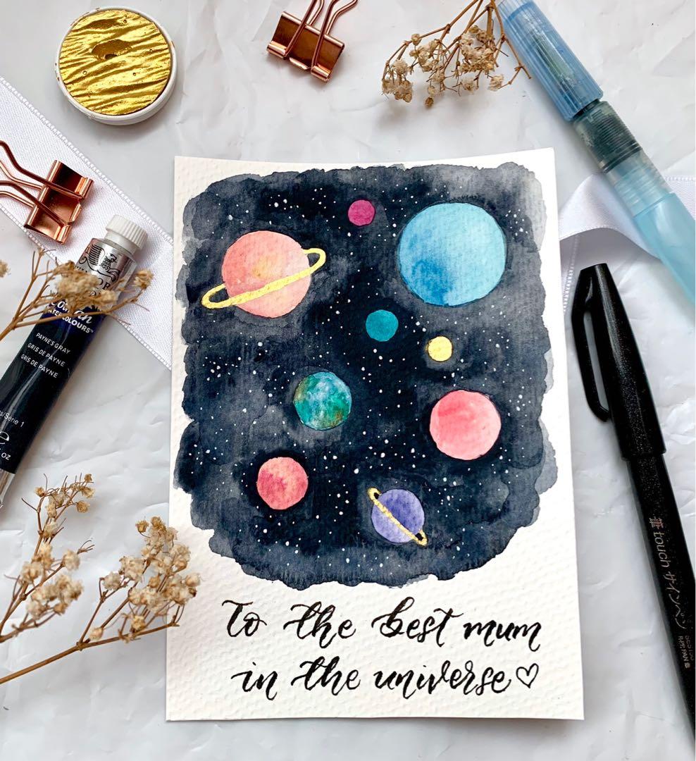 Space Galaxy Planets Watercolor Calligraphy Card Design