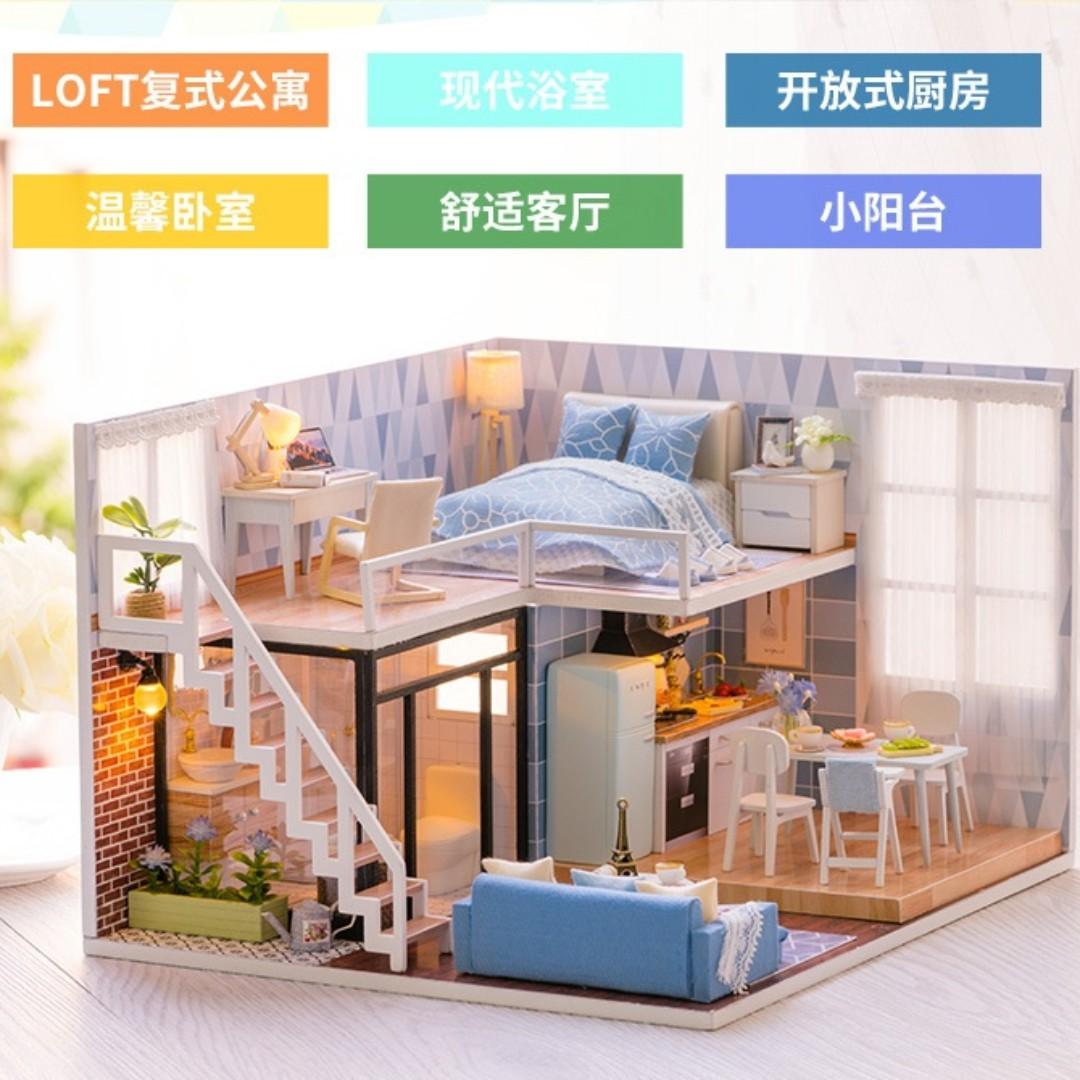 Dollhouse Miniature DIY Wooden House Blue Times with Lights and
