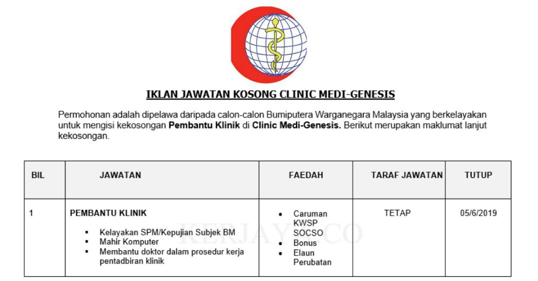 Jawatan Kosong Clinic Medi Genesis Jobs Full Time Admin Office Finance On Carousell
