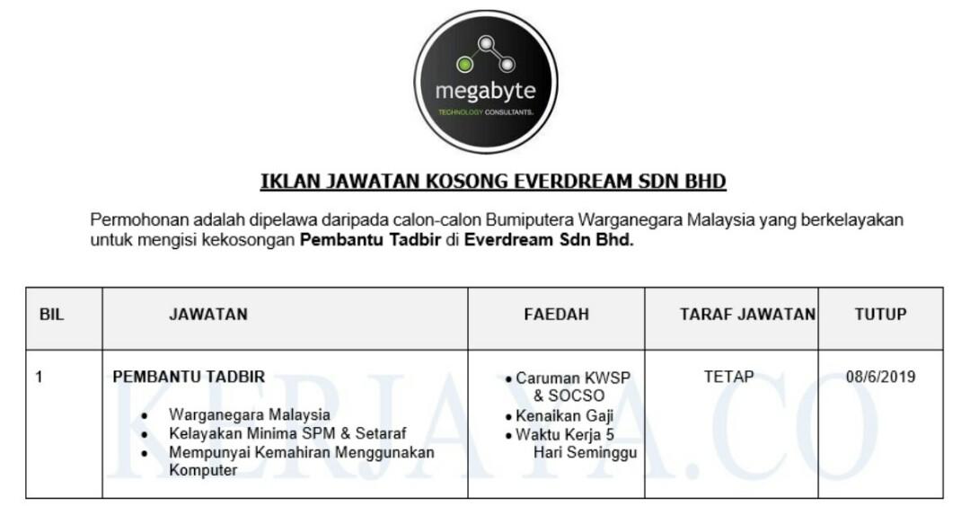 Jawatan Kosong Everdream Sdn Bhd Jobs Full Time Admin Office Finance On Carousell