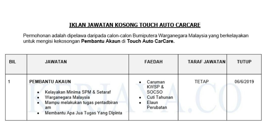 Jawatan Kosong Touch Auto Carcare Jobs Full Time Admin Office Finance On Carousell
