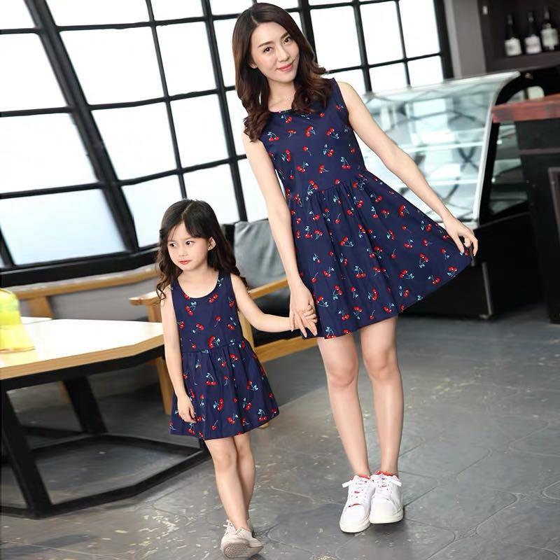 Navy Blue With Cute Red Cherries Mother Daughter Matching Sleeveless Dress Set Women S Fashion Clothes Dresses Skirts On Carousell