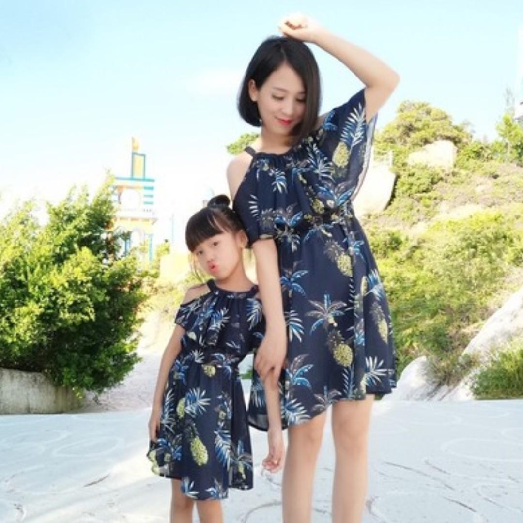 Pineapple Fruit Pattern Cut Out Shoulders Halter Mother Daughter Matching Dress Set Women S Fashion Clothes Dresses Skirts On Carousell