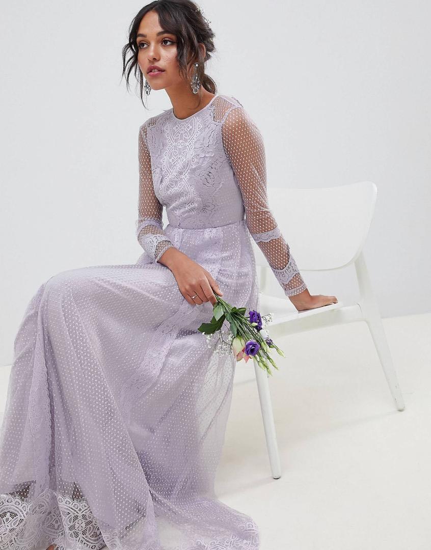 ASOS Design Dobby Mesh and Lace Mix Long Sleeve Maxi Dress