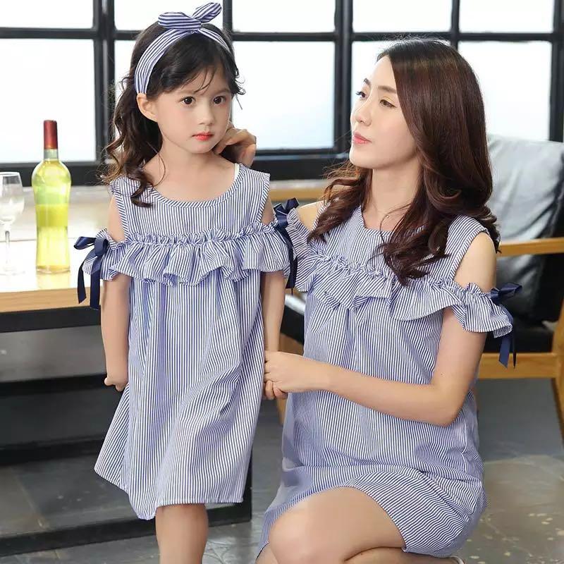 Blue Stripes With Ribbon Off Shoulders Mother Daughter Matching Dress Set Women S Fashion Clothes Dresses Skirts On Carousell