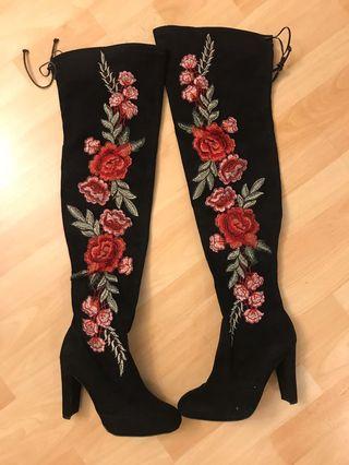 Faux Suede High Heel Boots with Embroidery