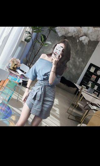 Set of blue off shoulder top & checkered skirt