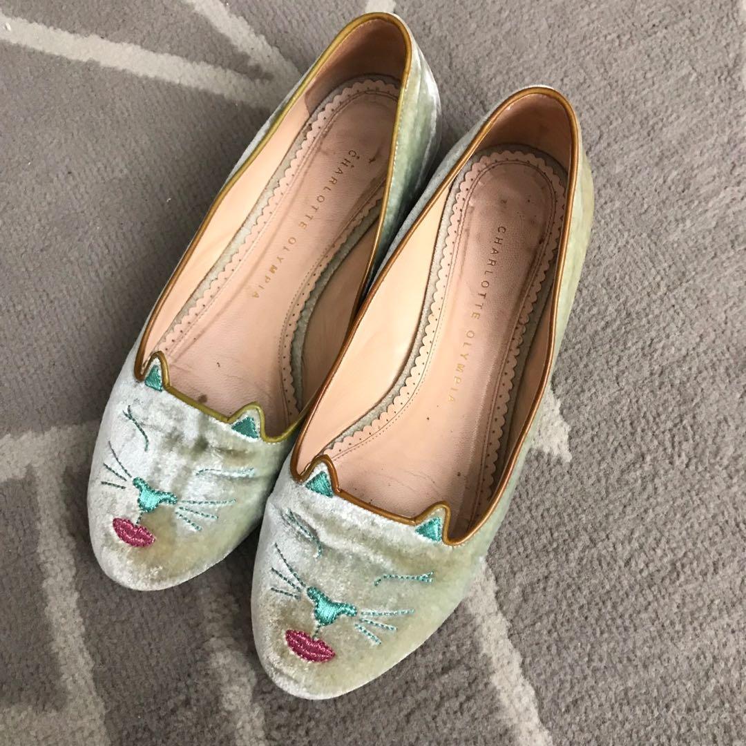 Authentic Charlotte Olympia kitty flats in green velvet