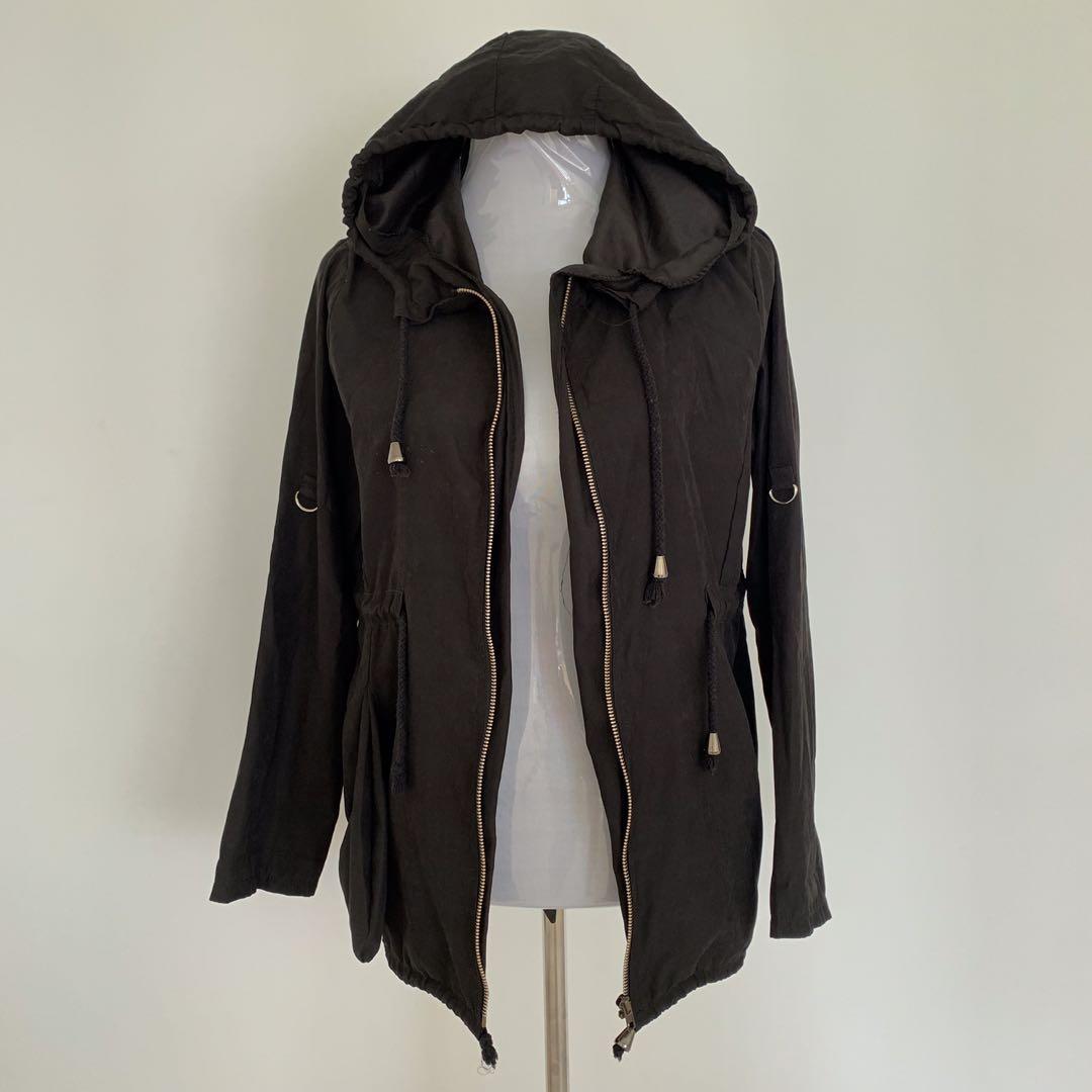 black jacket with gray hood