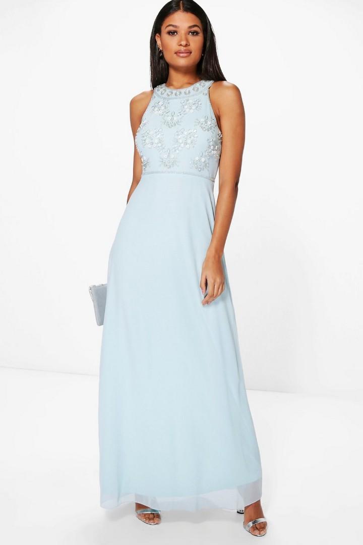 high neck blue maxi dress