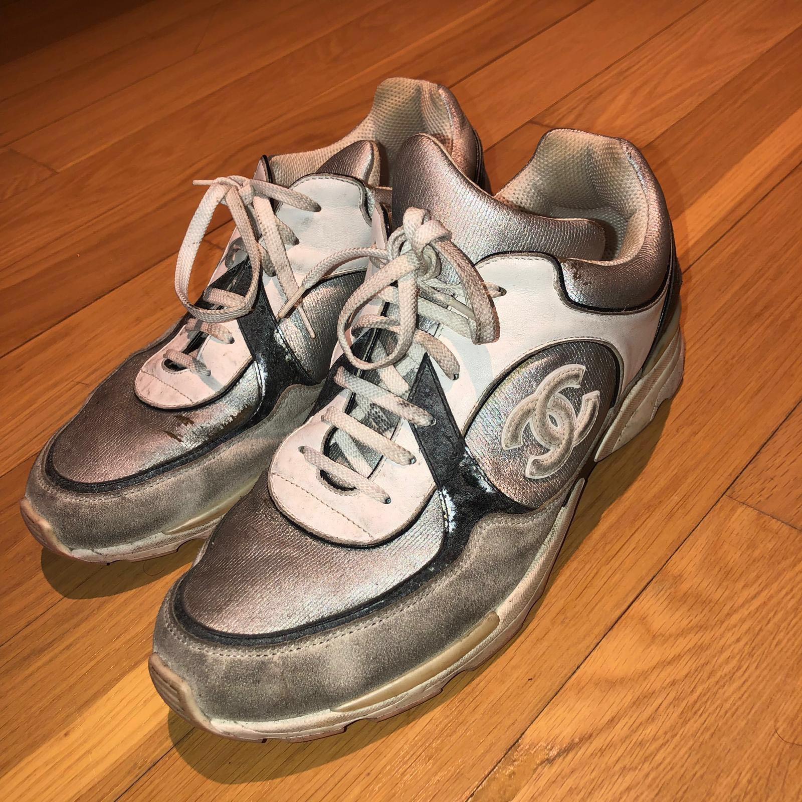 Chanel Silver Grey White Suede CC Logo 