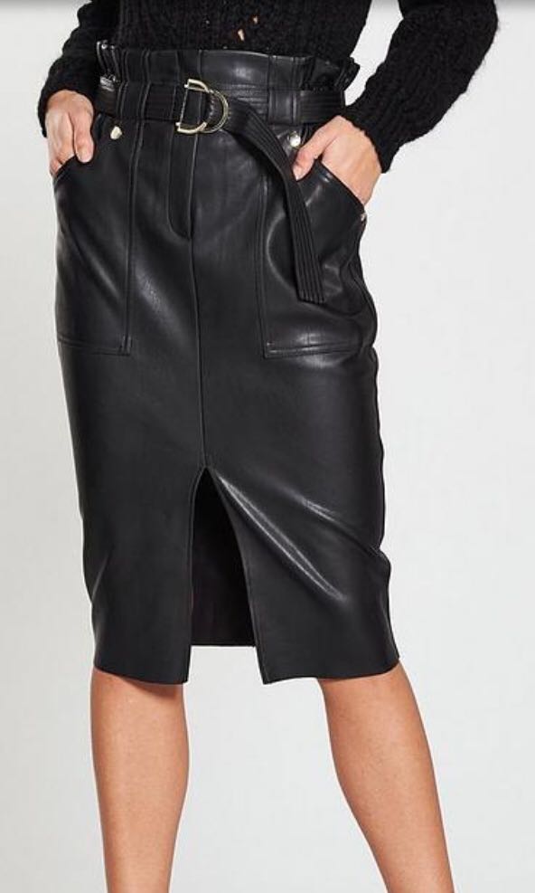 high waisted pu midi skirt- black 