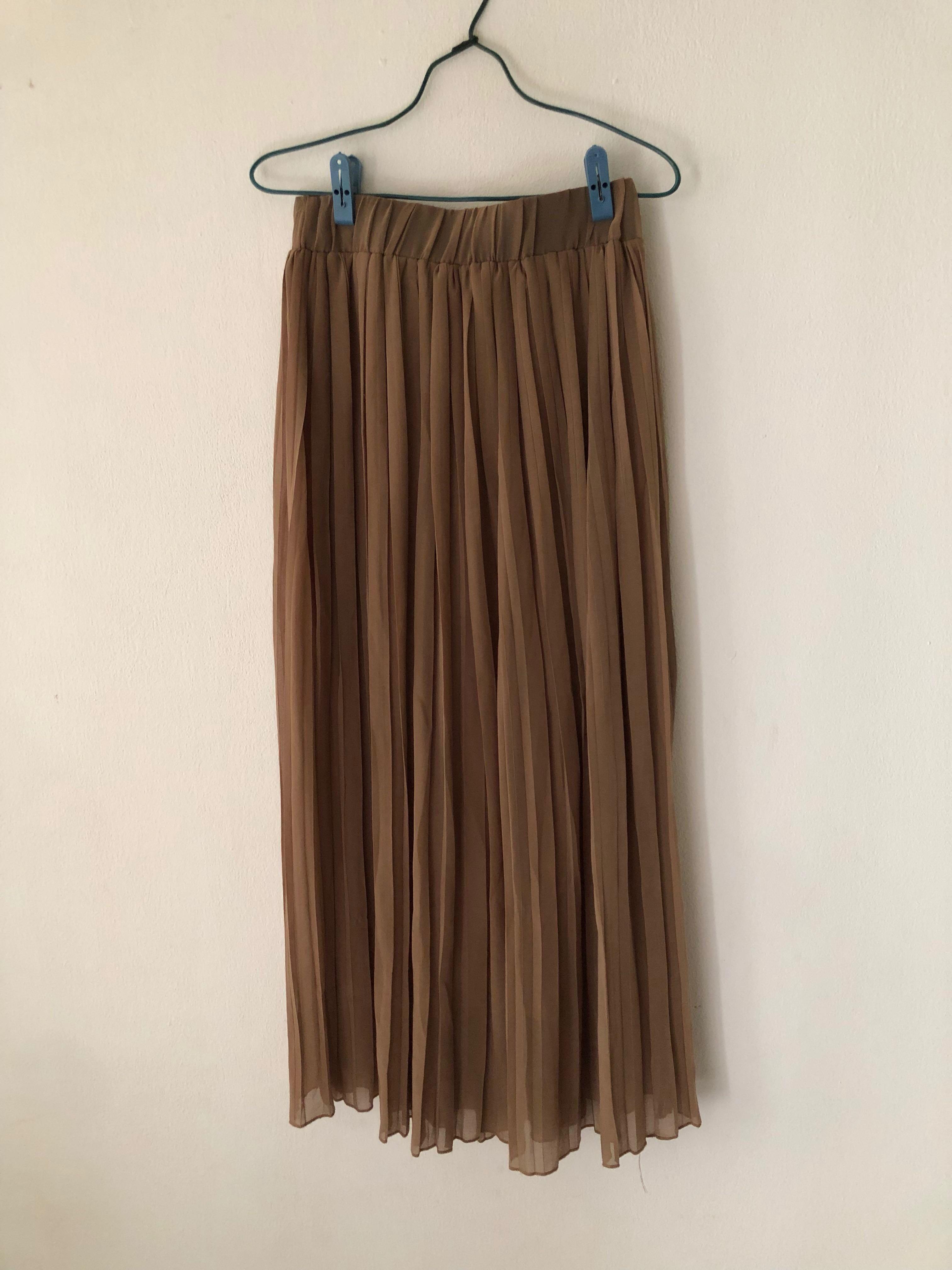 Brown Pleated Maxi Skirt, Women's 